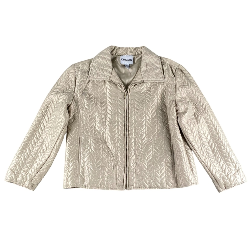 Chicos Champagne Gold Quilted‎ Leaf Pattern Zip Up Jacket Collared Size 1 M/L